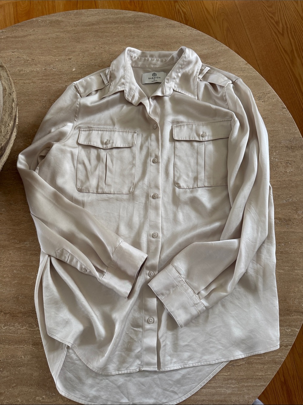 Babaton Neutral Beige Silk-Feel Button Front Shirt